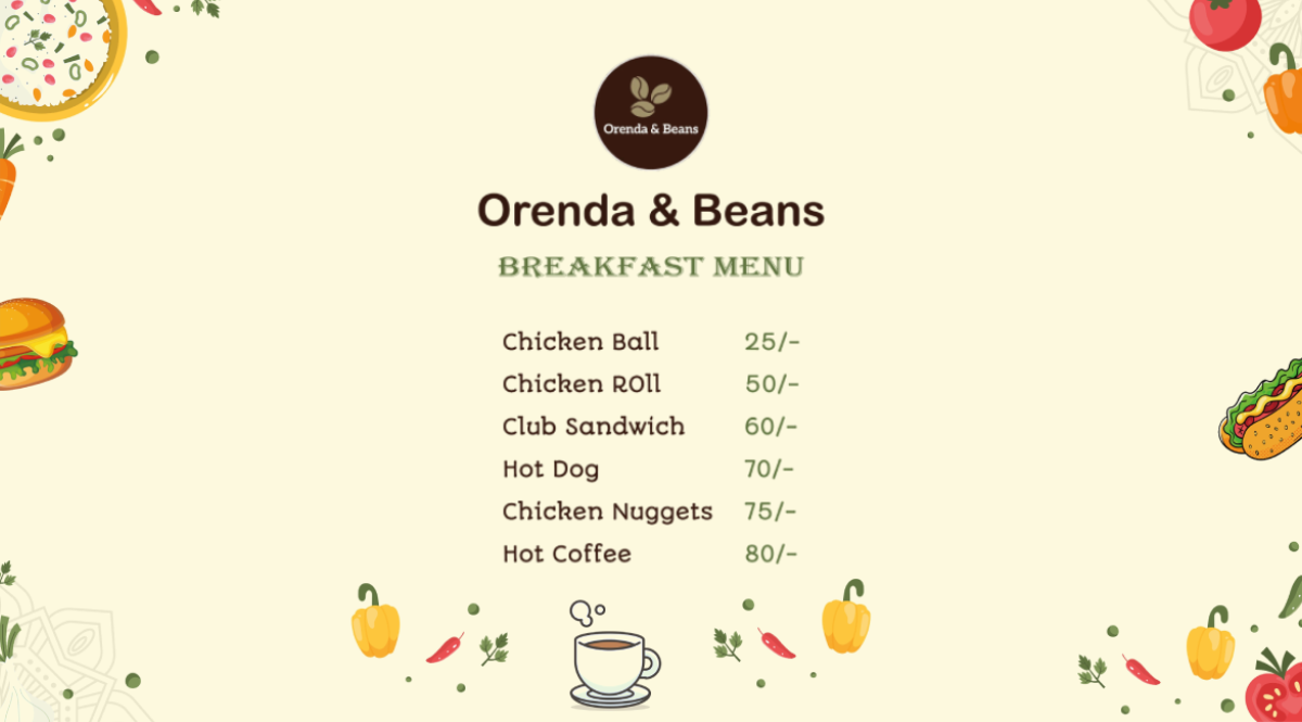 Orenda & Beans food menu